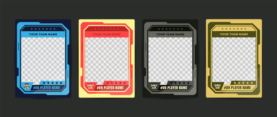 Set of trading frames for game sports card template, Four blank player cards, different colors, team name space