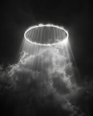 halo of white light shines through dark clouds, creating mystical atmosphere. contrast between bright light and black background evokes sense of wonder and tranquility