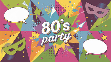Bright 80's Party Illustration with Speech Bubbles, Masks, and Pop Art Elements
