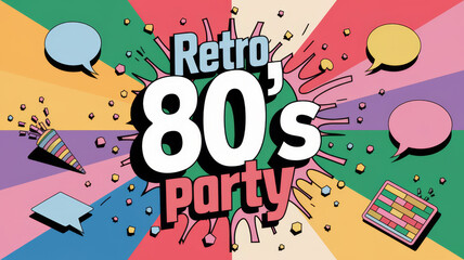 Colorful Retro 80's Party Illustration with Speech Bubbles and Celebration Elements