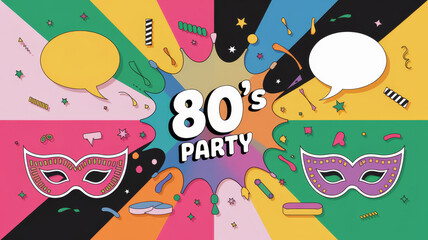 Retro 80's Party Illustration with Masks and Festive Elements on a Colorful Background