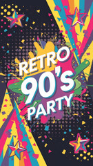 Retro 90's Party Poster with Star Accents and Colorful Confetti