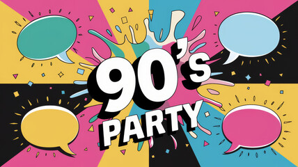 Vibrant 90's Party Poster with Retro Speech Bubbles and Pop Art Elements
