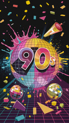 90's Retro Party Poster with Vibrant Disco Theme and Abstract Shapes