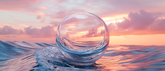 Glass Sphere Reflecting Sunset Over Ocean Waves