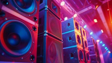 Powerful audio speakers standing on a big stage with stage lights illuminating them in blue and pink before the music concert