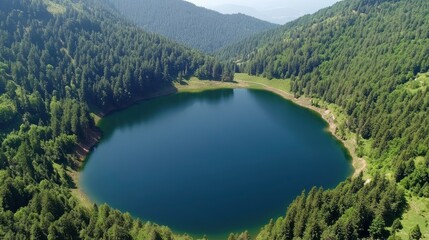 Aerial view of beautiful natural heart-shaped lake Karagol (Black lake) and forest in Savsat, Artvin, Turkey from bird eye view