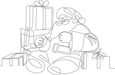 Outlined Cute Santa Claus Cartoon Character With A Sack Full Of Gifts. Vector Hand Drawn Illustration. One continuous line drawing Santa Claus on reindeer and sled. concept for Christmas and New Year