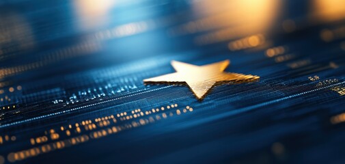 A close-up view of a golden star on a digital background, representing achievement and success in modern technology and data.