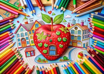 Naklejka premium Educational Coloring Book Elements: Apple and Strawberry Illustrations for Children's Learning and Creativity