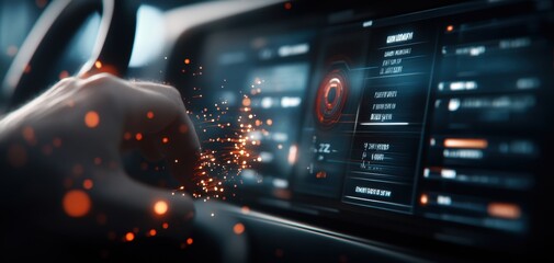 A close-up view of a hand interacting with a high-tech car dashboard displaying various digital controls and settings.