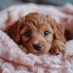 Beautiful brown puppy lying on a soft pink blanket, head resting on a cozy cushion