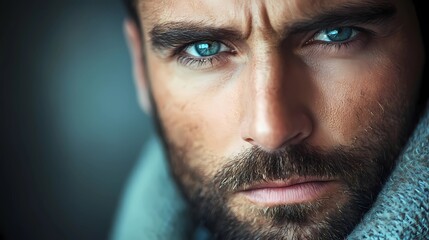 Obraz premium Color close-up portrait showing the intense, reflective gaze of a man with striking blue eyes.