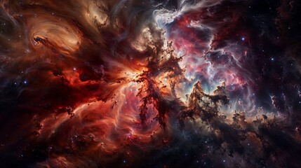 Fiery Nebula with Expansive Swirls of Red, Orange, and Blue Clouds Illuminating Deep Space