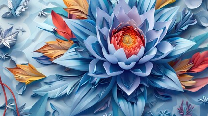 3D Blue and Red Flower Papercraft Closeup Shot Top View