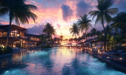 Luxurious tropical resort at sunset, with palm trees swaying in the breeze and the sky filled with vibrant colors