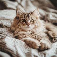 Beautiful fluffy cat lying on a cozy bed, paws stretched forward, looking at the camera with a serene expression