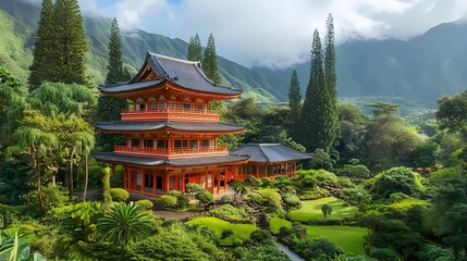 Fototapeta premium A serene pagoda surrounded by lush green landscape and mountains with a cloudy sky.