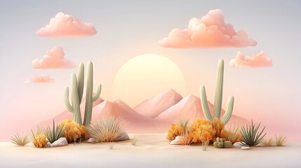 Obraz premium Desert landscape showcases vibrant cacti and majestic mountains under a serene sunset