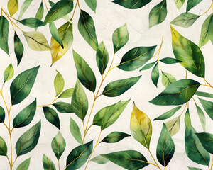 Lush green leaves create vibrant and natural pattern, showcasing various shades of green and hints of gold. This design evokes sense of tranquility and connection to nature