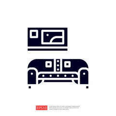 A minimalist graphic representation of a couch with a framed picture above it, illustrating a simple living room setup.