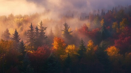 Naklejka premium Early morning autumn light near Killington, Vermont. Photo taken on a calm tranquil colorful morning during the peak autumn foliage season. Vermont's beautiful fall foliage ranks with the best in New 