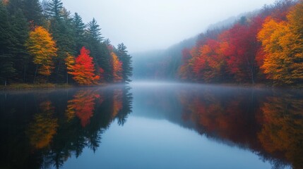 Early morning autumn light near Killington, Vermont. Photo taken on a calm tranquil colorful morning during the peak autumn foliage season. Vermont's beautiful fall foliage ranks with the best in New 
