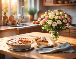 Cozy kitchen with bouquet of flowers and pie on the table stock image