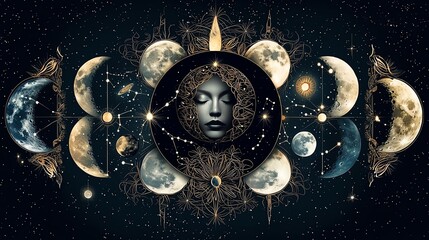 Mystical face surrounded by moon phases