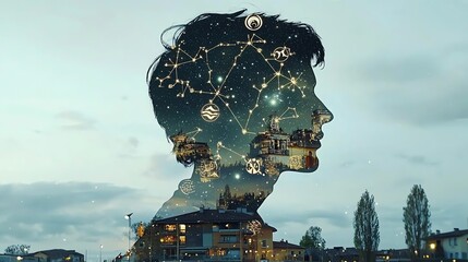 Silhouette with cosmic images, dreamy background.