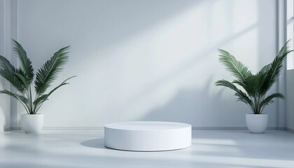 Fototapeta premium Modern interior with minimalistic design, featuring a round platform and indoor plants.