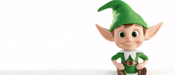 Smiling Christmas Elf with Green Hat and Outfit Sitting on White Surface, Smiling Christmas Elf with Green Hat and Outfit Sitting on White