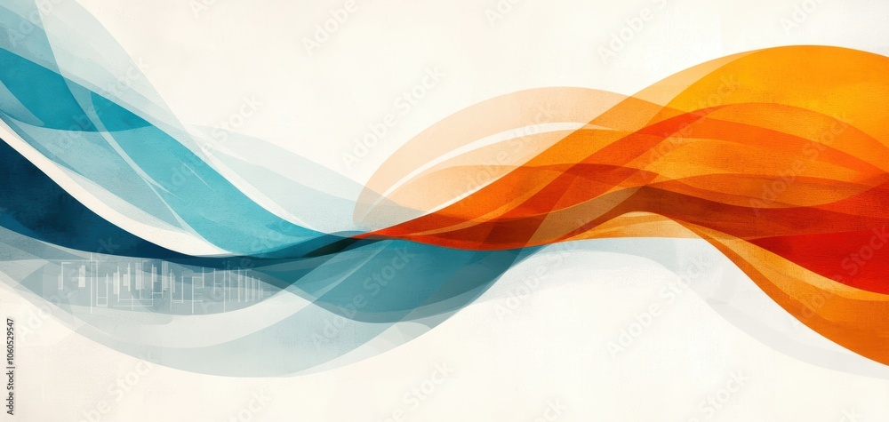 Poster abstract flowing waves in blue and orange colors on a white background, creating a sense of movement