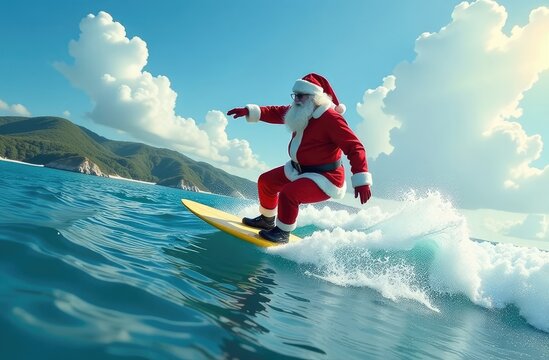 Santa Claus riding the waves, surfing.