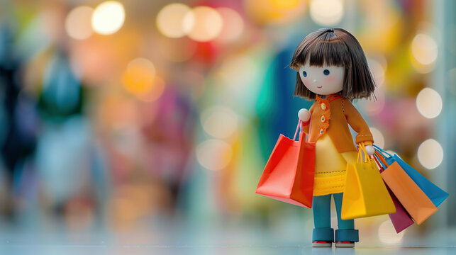 Little girl doll holding shopping bags in blurred mall background