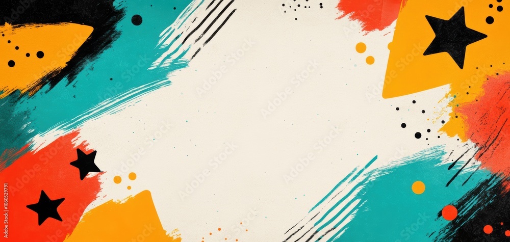 Poster colorful abstract design with splashes and stars, perfect for backgrounds or creative projects, feat