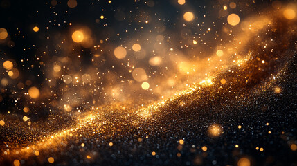 Dark abstract background  with golden shimmering droplets and reflective highlights.
