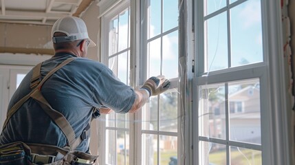 With precision a worker carefully installs window casings adding the finishing touch to the newly installed windows.