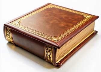 Obraz premium Elegant Brown Leather Book with Gold Accents on White Background for Urban Exploration Photography