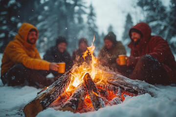 A group of friends enjoying warm drinks around a cozy fire in a snowy forest during winter