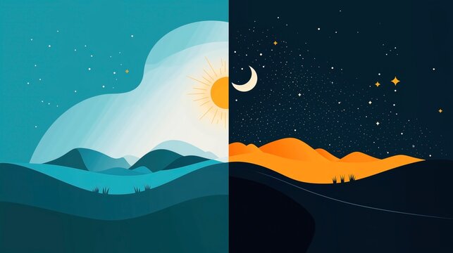 Illustration of a landscape divided into day and night, with sun and moon, stars, mountains, and contrasting colors of blue and orange.