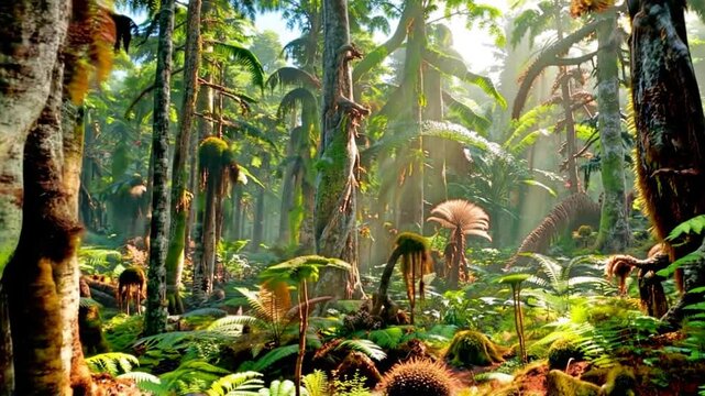 Lush Permian Forest: A dense Permian forest filled with towering ferns and spore-bearing plants, with thick, humid air and filtered sunlight streaming through the canopy, creating dappled shadows on t