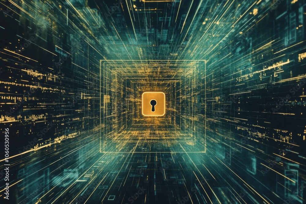 Poster a computer screen features a central lock icon, symbolizing data protection and digital security in 