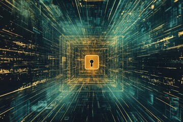 A computer screen features a central lock icon, symbolizing data protection and digital security in a high-tech environment. Generative AI
