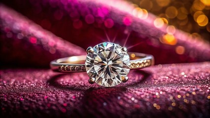 Fototapeta premium Elegant Diamond Ring on Velvet Display with Copy Space for Customizable Text - Perfect for Engagement, Wedding, or Jewelry Promotions