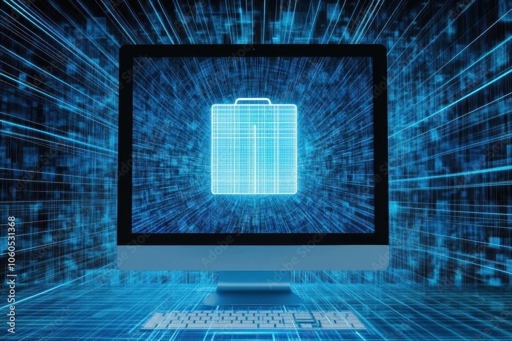 Poster A computer screen shows an illuminated protection icon, highlighting the importance of cybersecurity in today's digital age. Generative AI