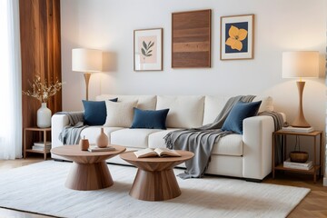Fototapeta premium White modern living room with white sofa, pouf with a blanket, and wooden furniture.