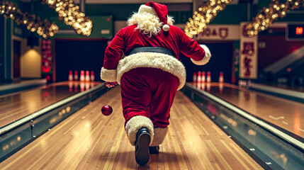 A man dressed as Santa Claus is bowling in a bowling alley