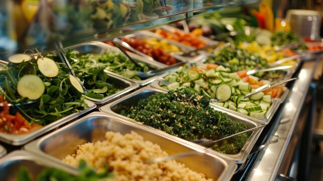 Trays full of fresh vegetables and ingredients are lined up at a salad bar, offering a healthy and customizable meal option
