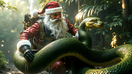 Fototapeta premium A man dressed as Santa Claus riding on the back of a green snake